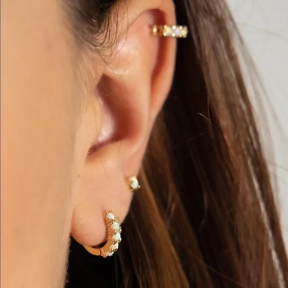 Dainty White Opal Huggie Earrings - Picture 3 of 6